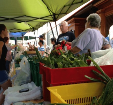 A group of customers shopping at a farmers' market.